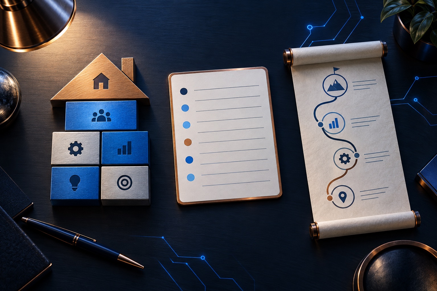 A message house, a 5x7 battlecard and a tiered roadmap on a desk